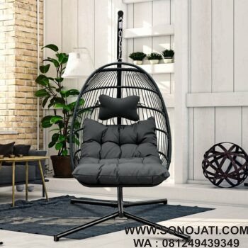 Kursi Ayunan Rotan Hitam dengan Stand
