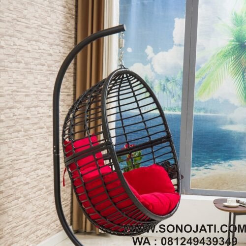 Kursi Ayunan Rotan Tinnin Merah dengan Dudukan