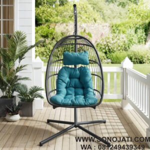 Kursi Rotan Ayunan Clancy Biru dengan Dudukan