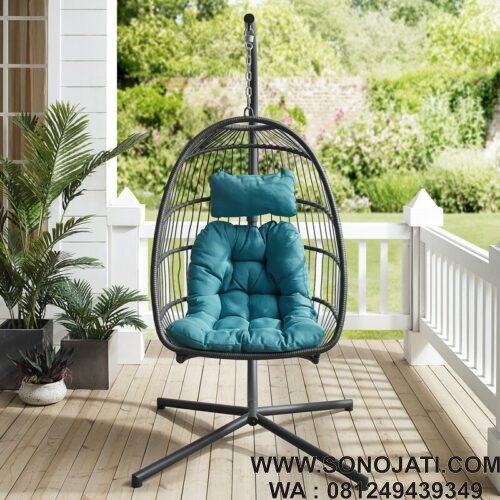 Kursi Rotan Ayunan Clancy Biru dengan Dudukan