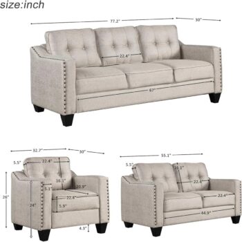 Set Sofa Ruang Tamu 3 Bagian dengan Sandaran Berumbai Lark Manor